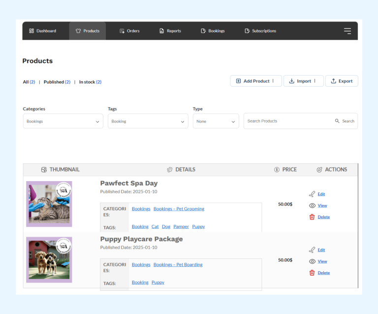 Vendor product management demo: Add/edit listings and track bookings in WC Vendors dashboard