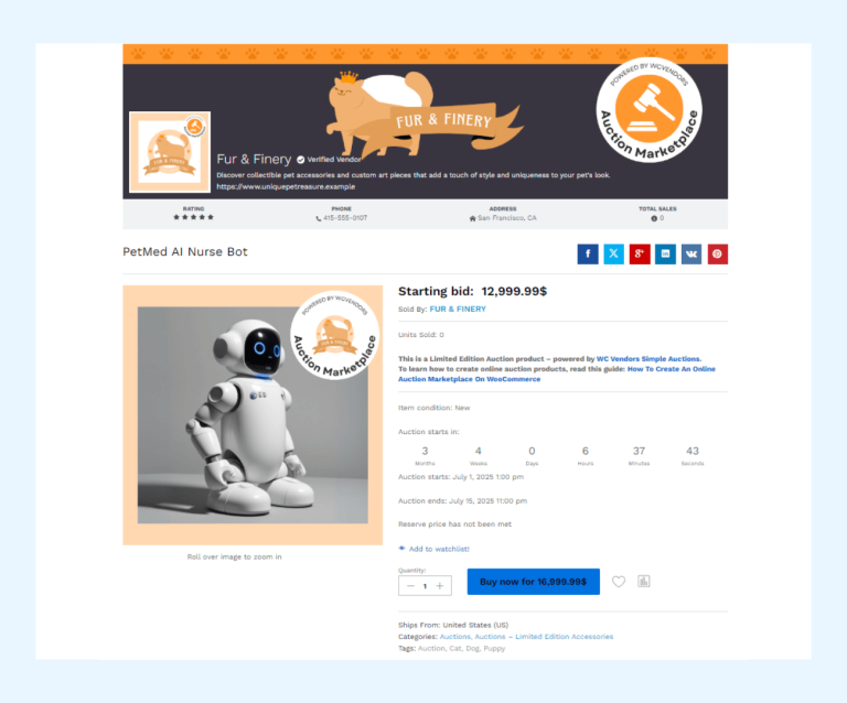 Auction marketplace demo: Limited-edition pet accessories with bidding in WC Vendors for WooCommerce
